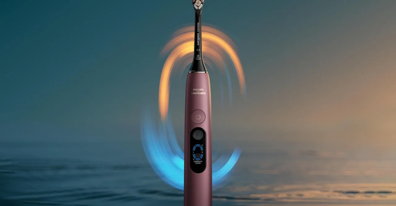 Escova Philips Sonicare DiamondClean 9900 Prestige sobre base de carregamento prateada, ao lado do logo da marca