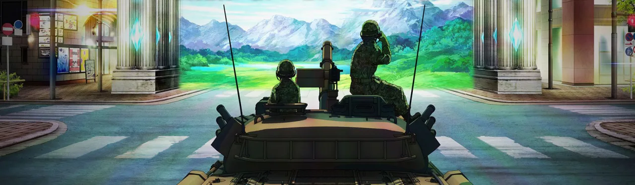 Guerreiro da JSDF em pose de combate tático, segurando um fuzil moderno diante de um portal mágico brilhante