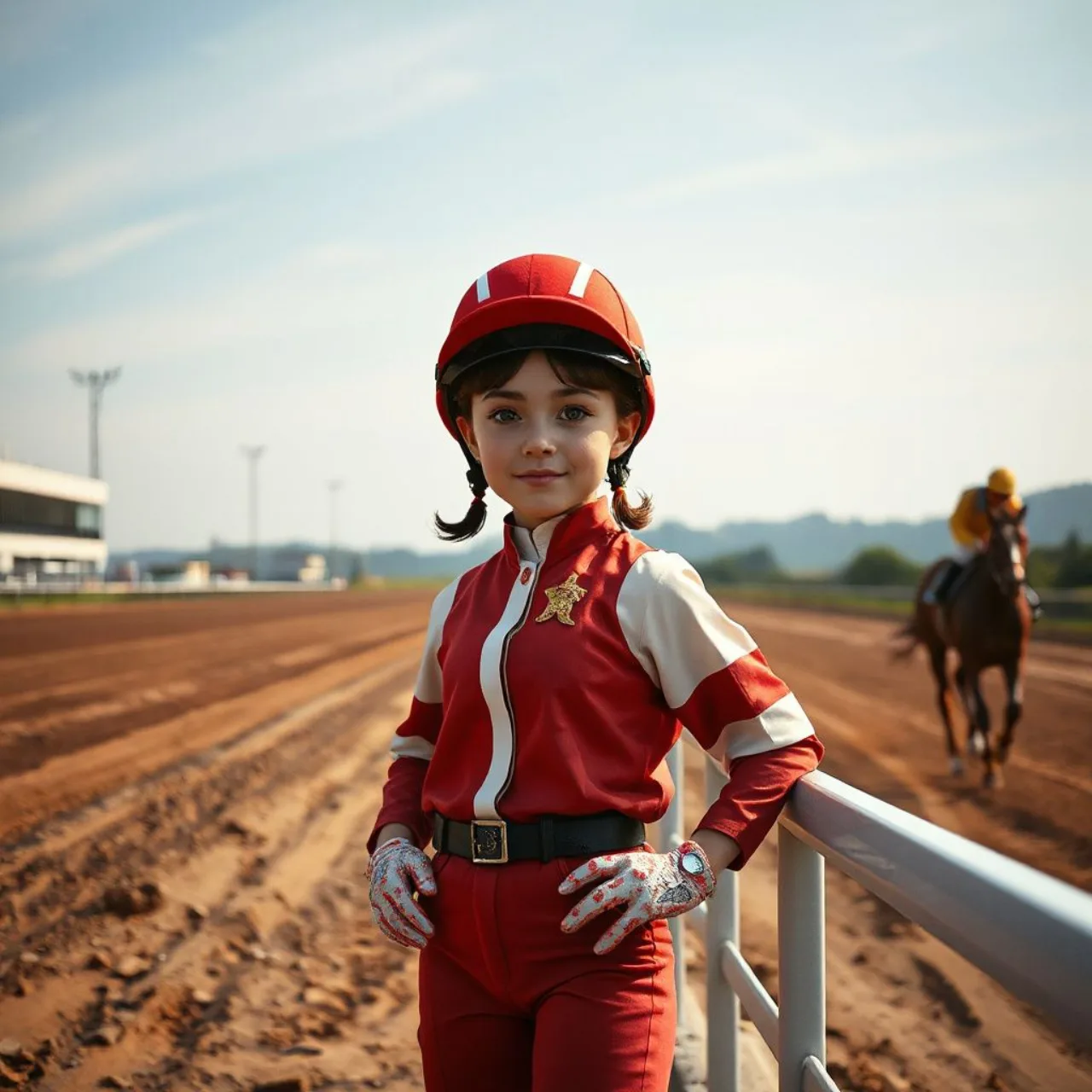 Estátua gigante de Forever Young, de Umamusume, ao lado do logo da Cygames na pista da Breeders’ Cup Sprint