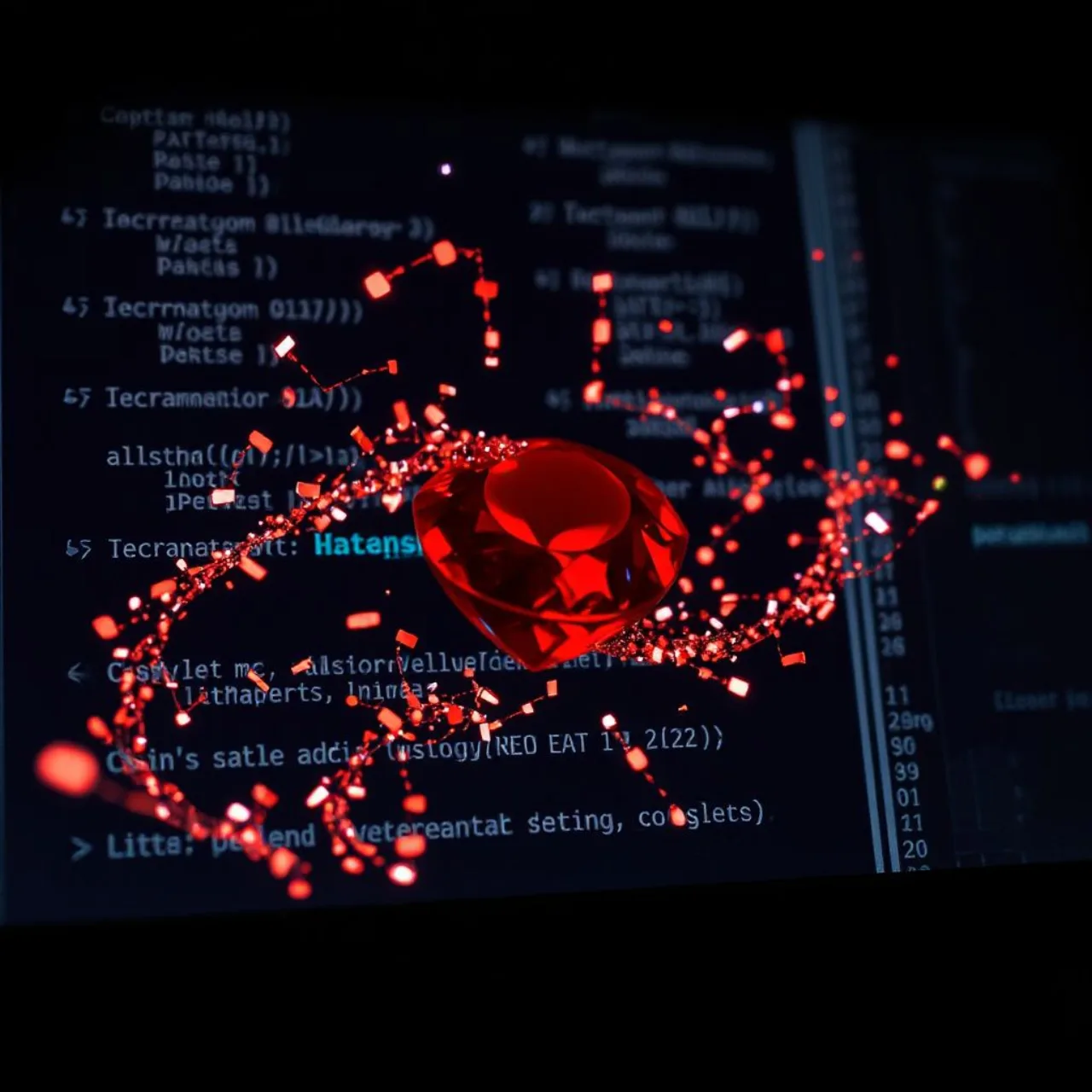 Robô estilizado com logo da OpenAI ao lado do ícone de uma gema Ruby, sobre um teclado com linhas de código