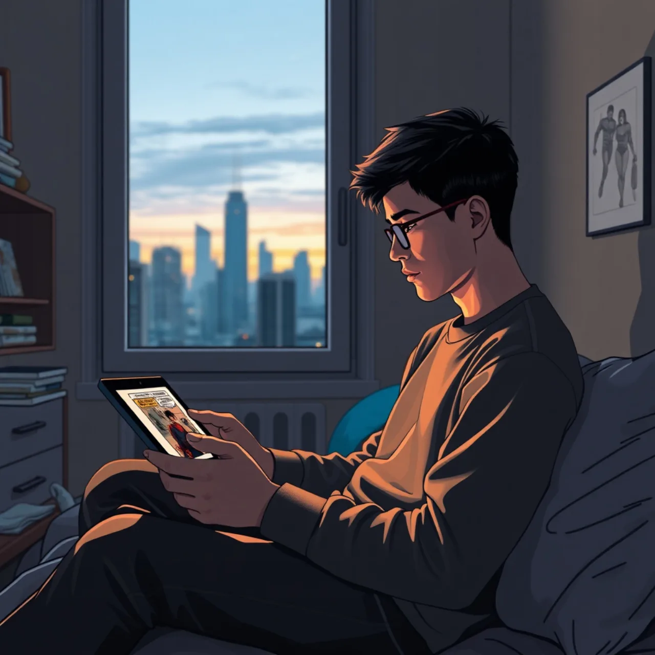 Jovem sentado no sofá, usando fones, faz alongamento enquanto lê a webtoon no tablet