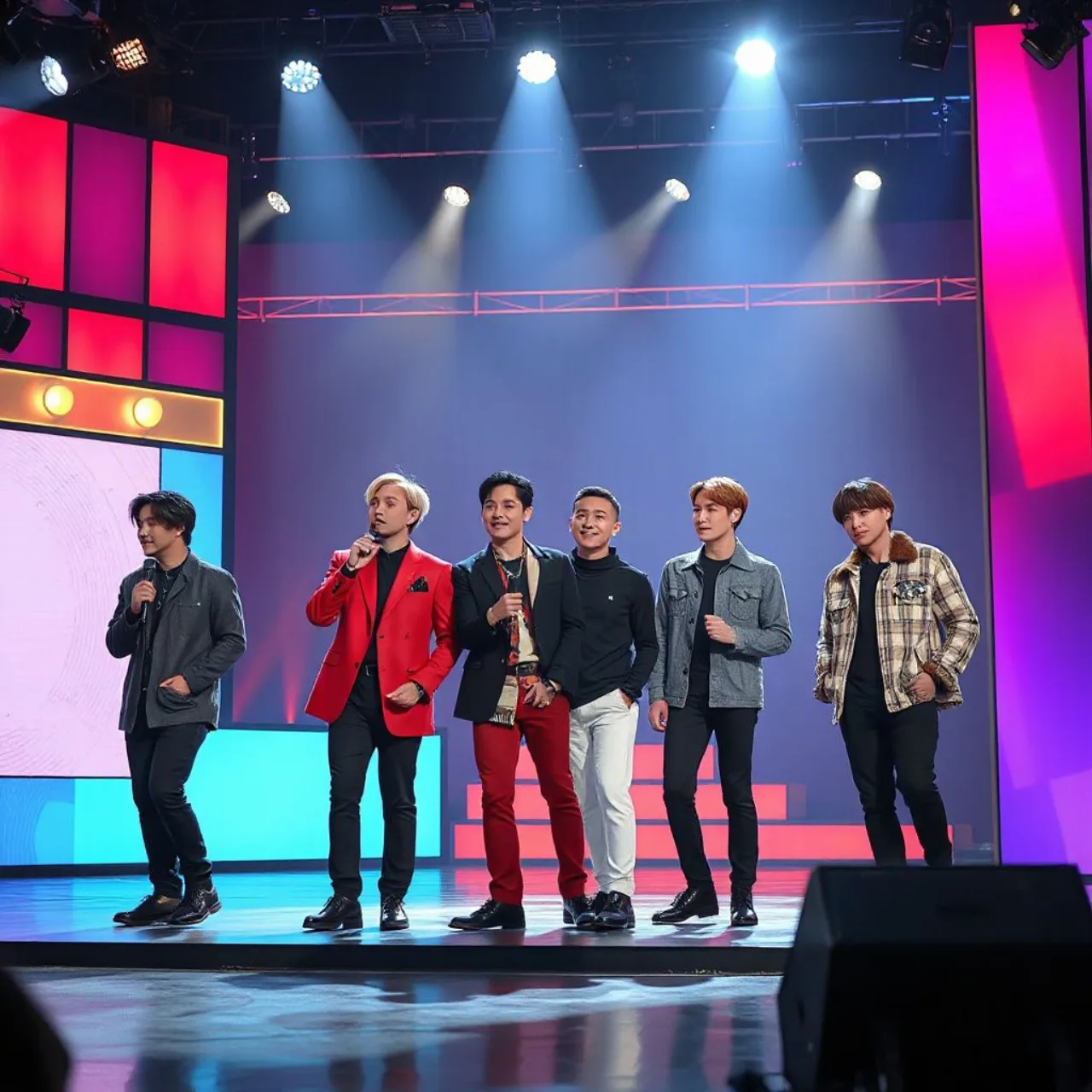 Os oito integrantes de ATEEZ posam juntos no palco de Knowing Bros, ao lado do logo do programa e microfones