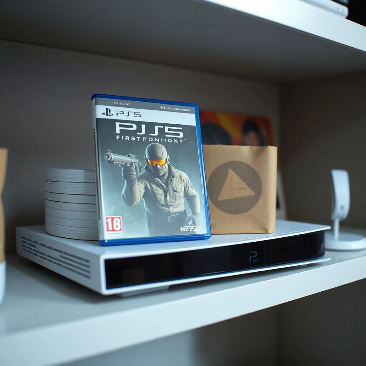 Caixa física de SiN: Reloaded ao lado de um console PS5, com o logo da Atari em destaque sobre fundo futurista