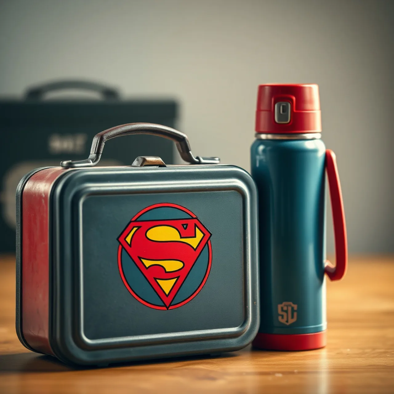 Lunchbox vintage do Superman aberto, mostrando compartimentos internos e adesivo amarelo desgastado