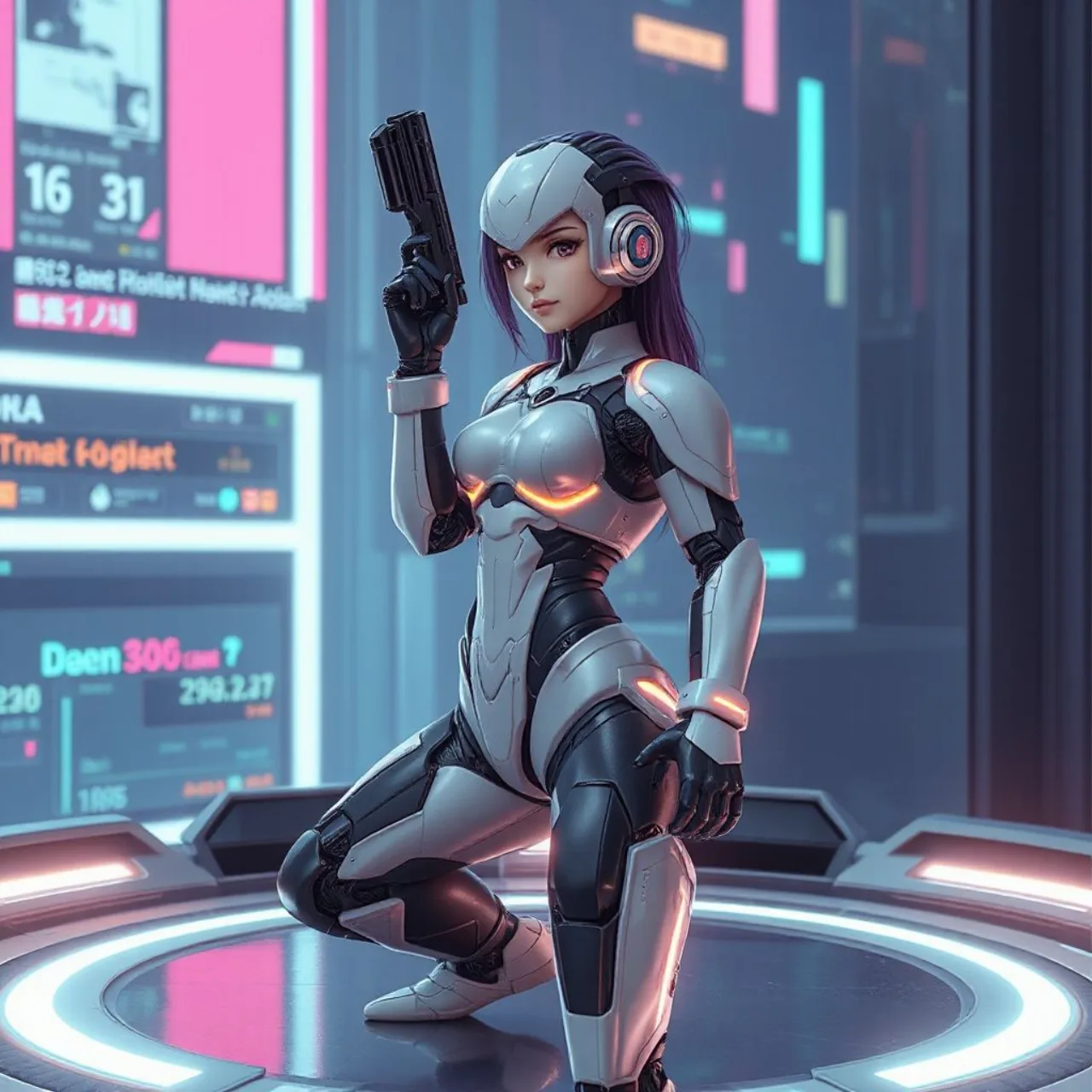 Personagem RoboGAL: Gaga Delta Lady em pixel art, vestindo armadura azul estilo Mega Man com traços de anime