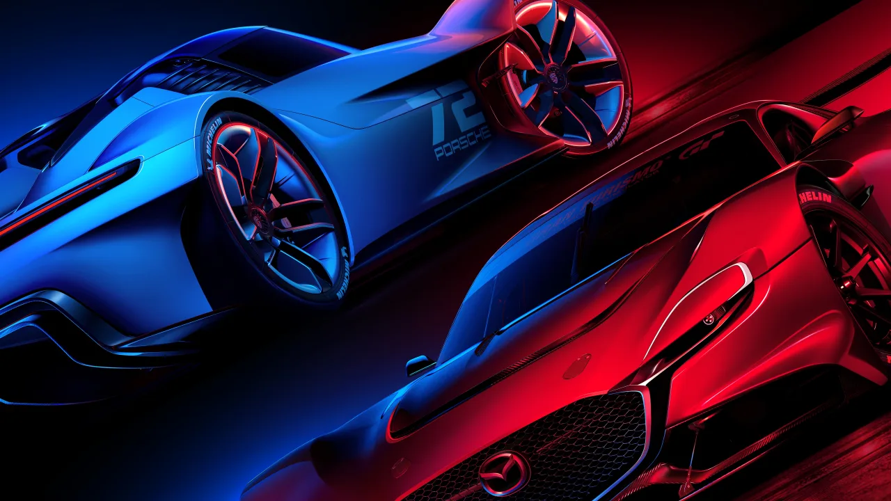 Um carro esportivo de luxo em estúdio com iluminação neon, emulando a estética visual dos menus de Gran Turismo