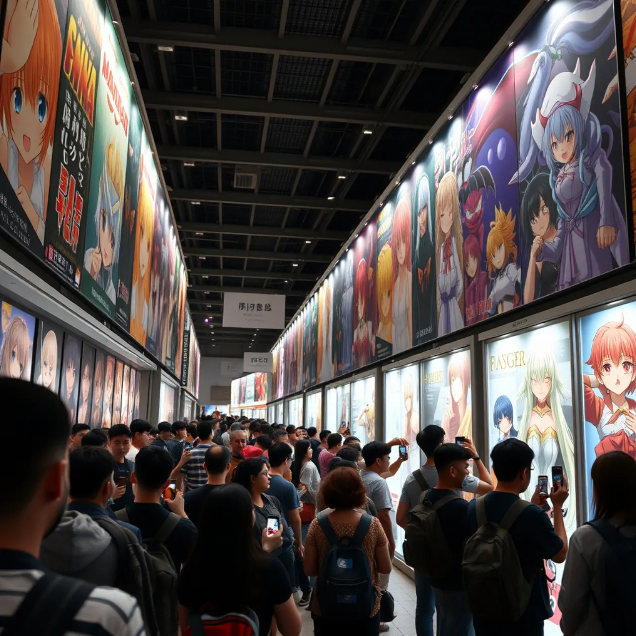 Visitantes admiram estátua de Subaru ao lado de painéis iluminados e merchandise exclusivo da exposição