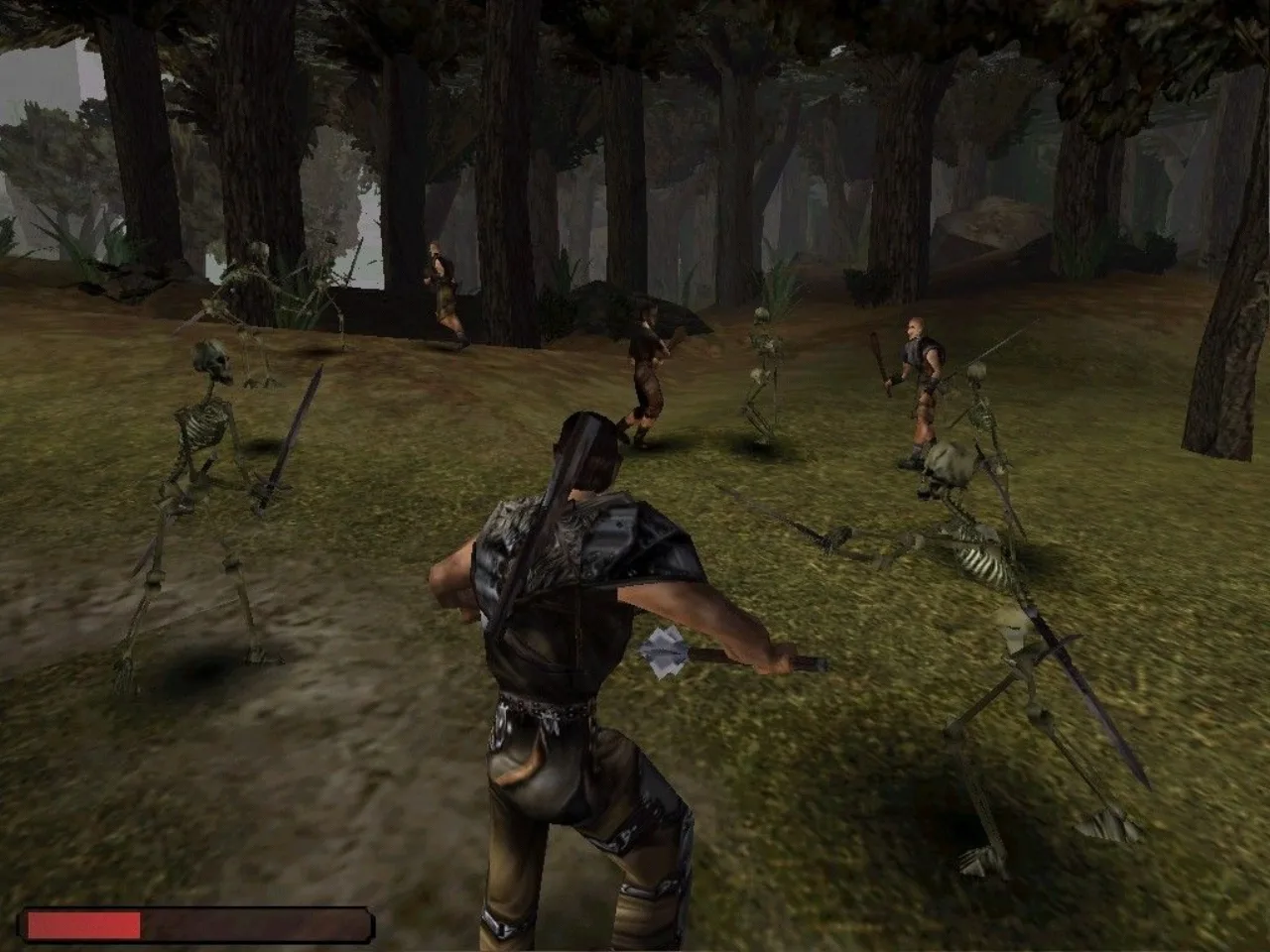 Jovem em roupa esportiva faz agachamento segurando controle de videogame, com tela de Gothic ao fundo