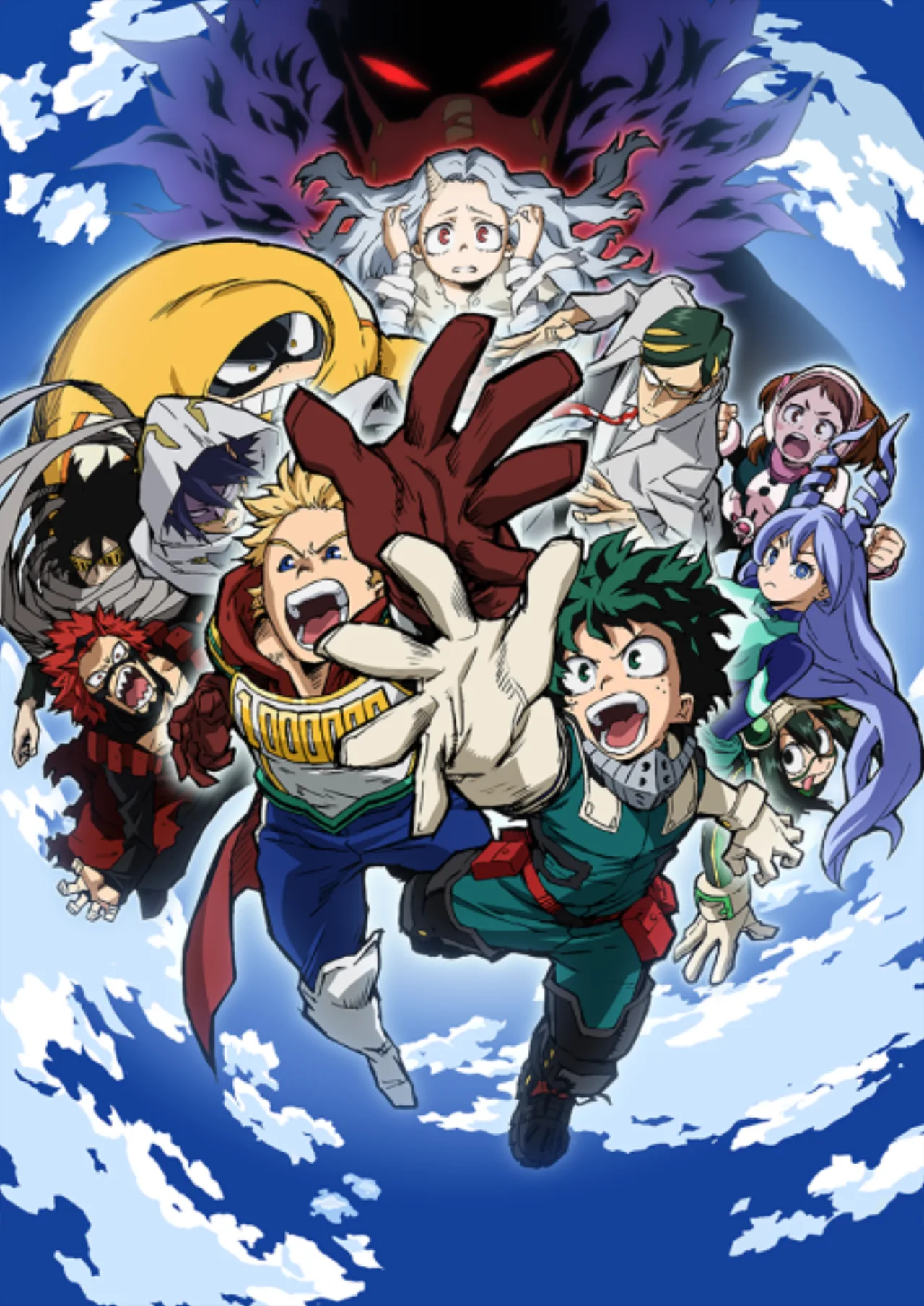 Um jovem em cosplay de All Might fazendo flexões, cercado por garrafas de água, halteres e uma toalha esportiva