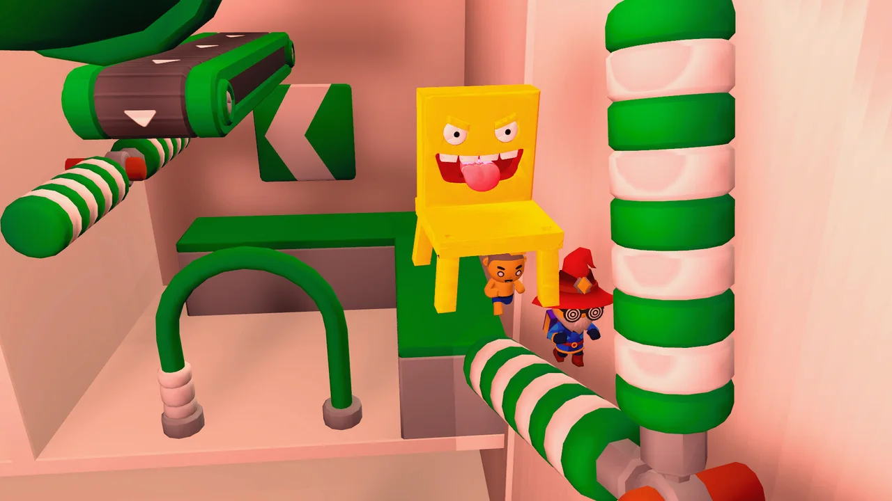 Personagem de Chair Chase ao lado de cadeiras com rosto, uma delas mostrando a língua