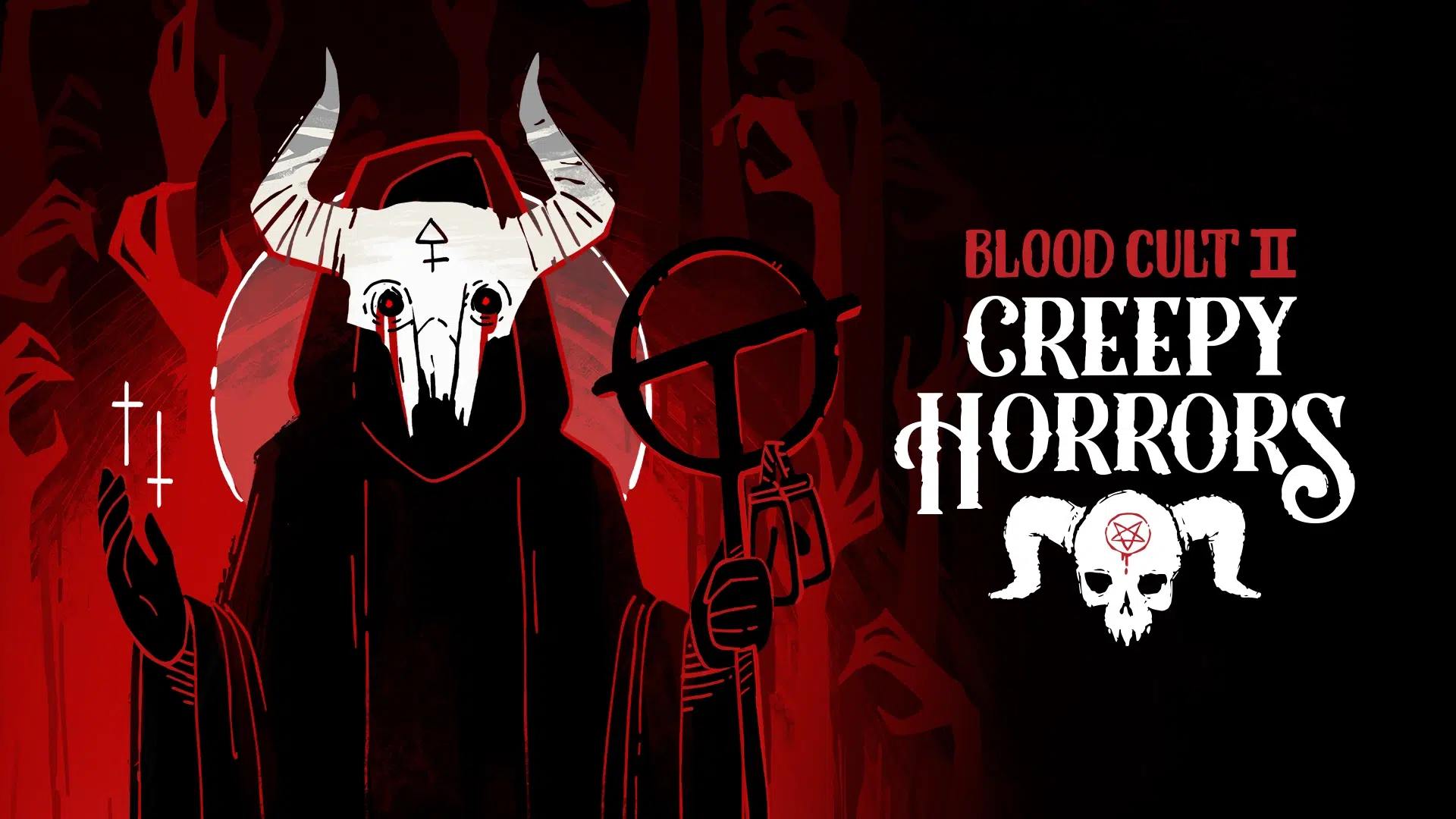 Logo de Creepy Horrors: Blood Cult 2 em fundo sombrio com cultista encapuzado e sangue escorrendo