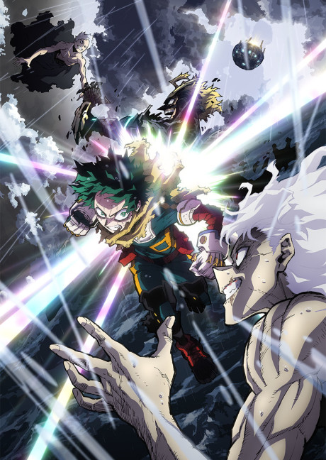 Cosplayer de My Hero Academia treinando com halteres e garrafa de água ao lado de uma tigela de frutas frescas