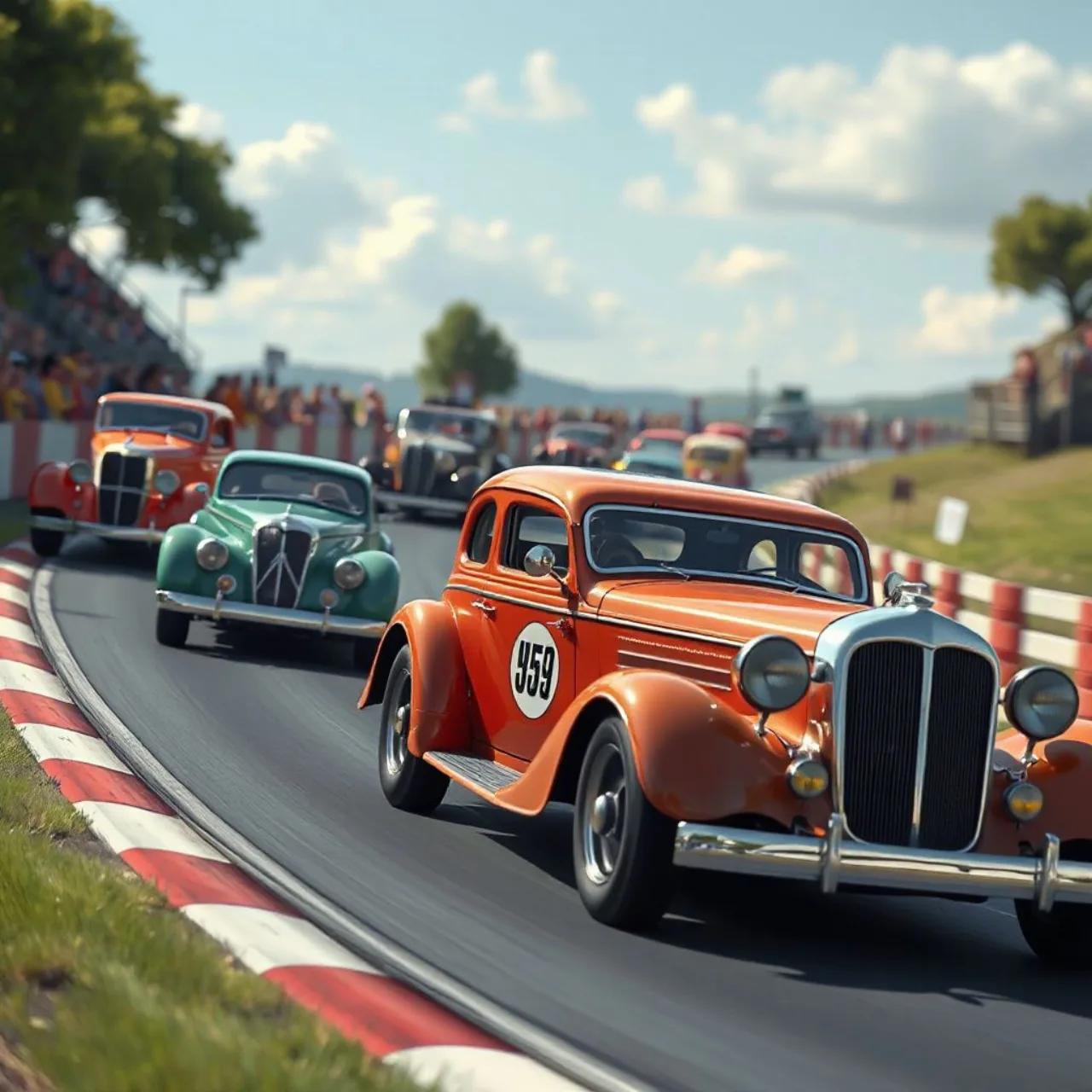 Personagens da Wacky Races em seus carros coloridos, como Dick Dastardly e Penelope Pitstop, na pista de corrida