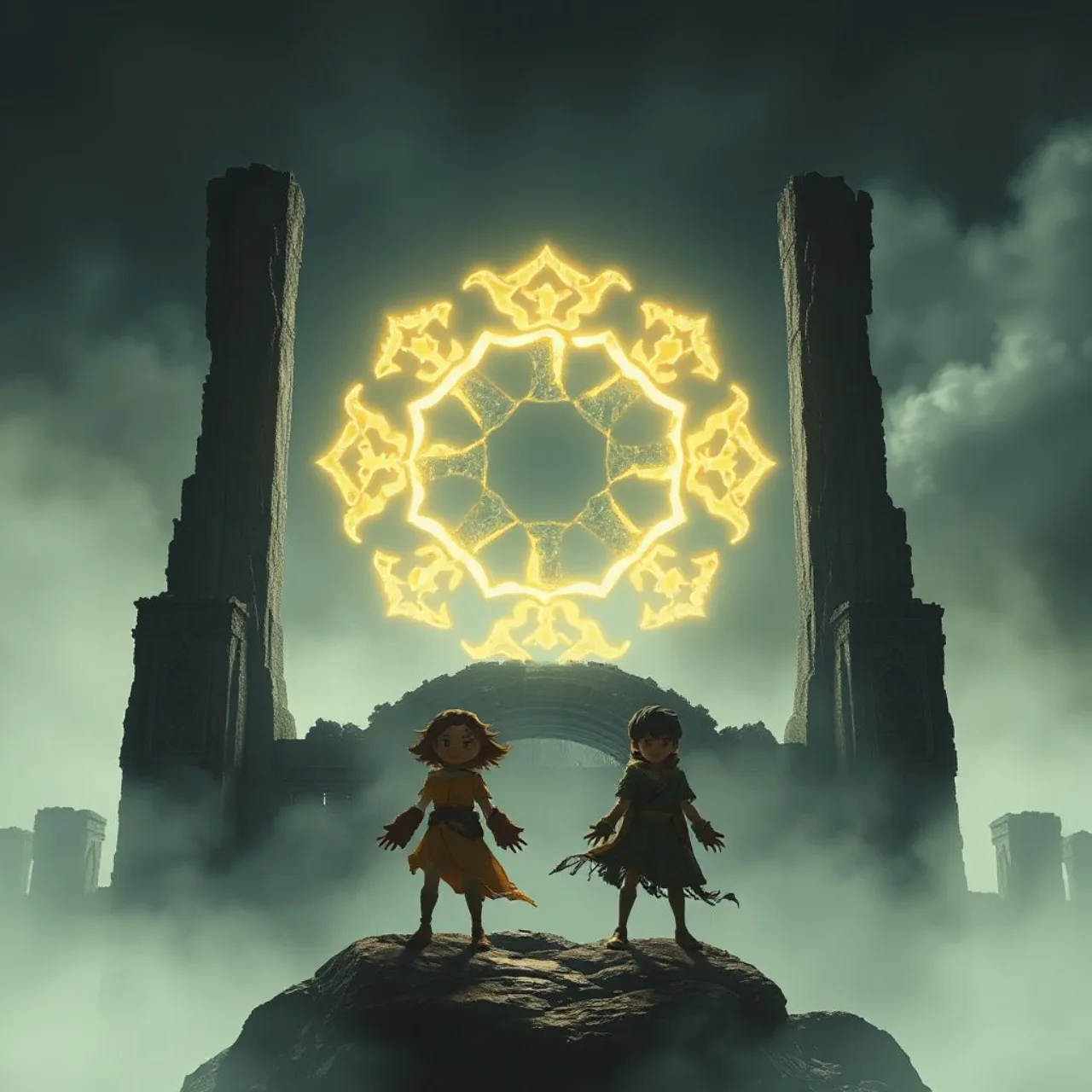 Co‑criadores Michael Dante DiMartino e Bryan Konietzko no palco da NYCC ao lado do logo de Avatar: Seven Havens
