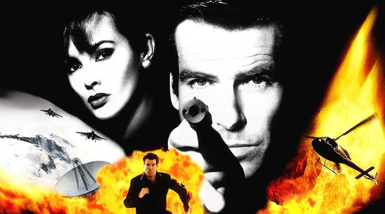 Jogador em postura de agachamento segurando o controle N64 de GoldenEye, ao lado de garrafa d'água e halteres