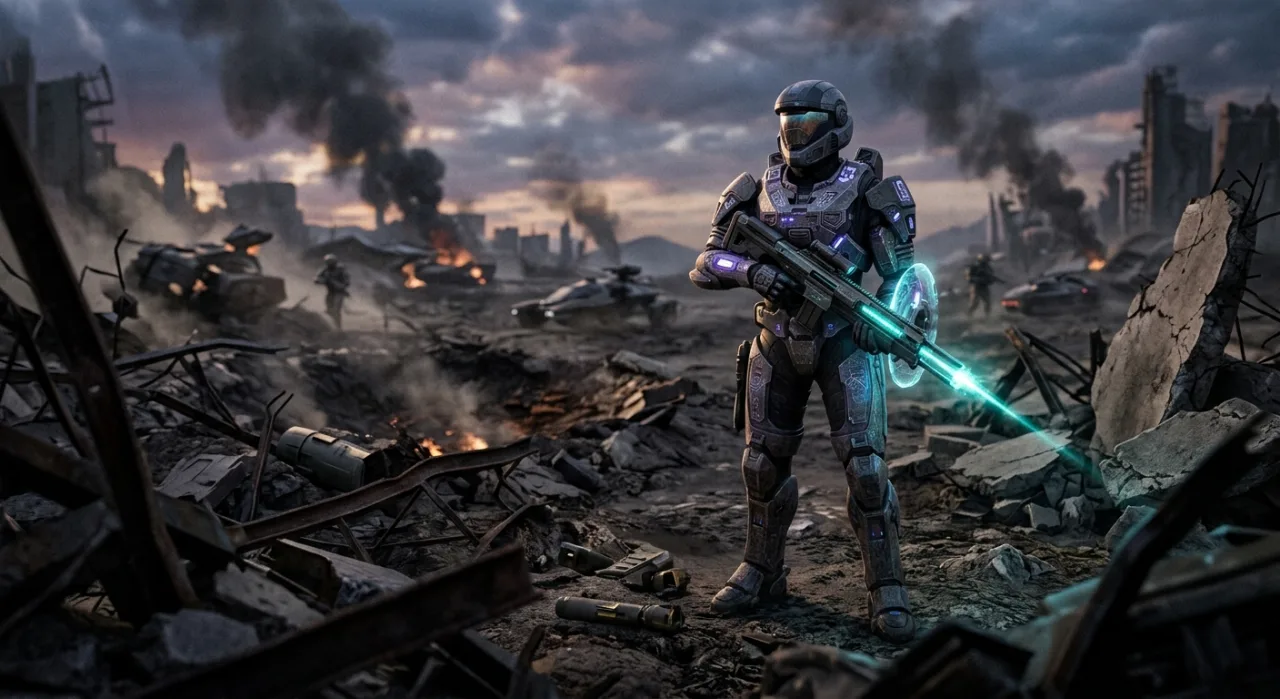 Master Chief em ação, vestindo a nova skin, segurando um controle enquanto faz flexão sobre um tapete de yoga