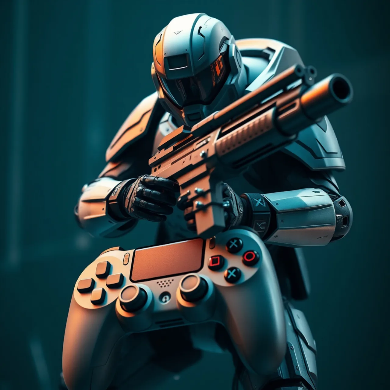 Atleta em roupa esportiva faz agachamento segurando um controle de videogame, ao fundo consoles e caixas de jogos