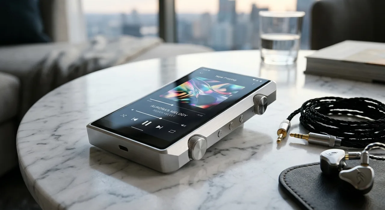 Walkman Ultra da Sony, caixa preta com acabamento em metal e logo iluminado, sobre superfície de couro