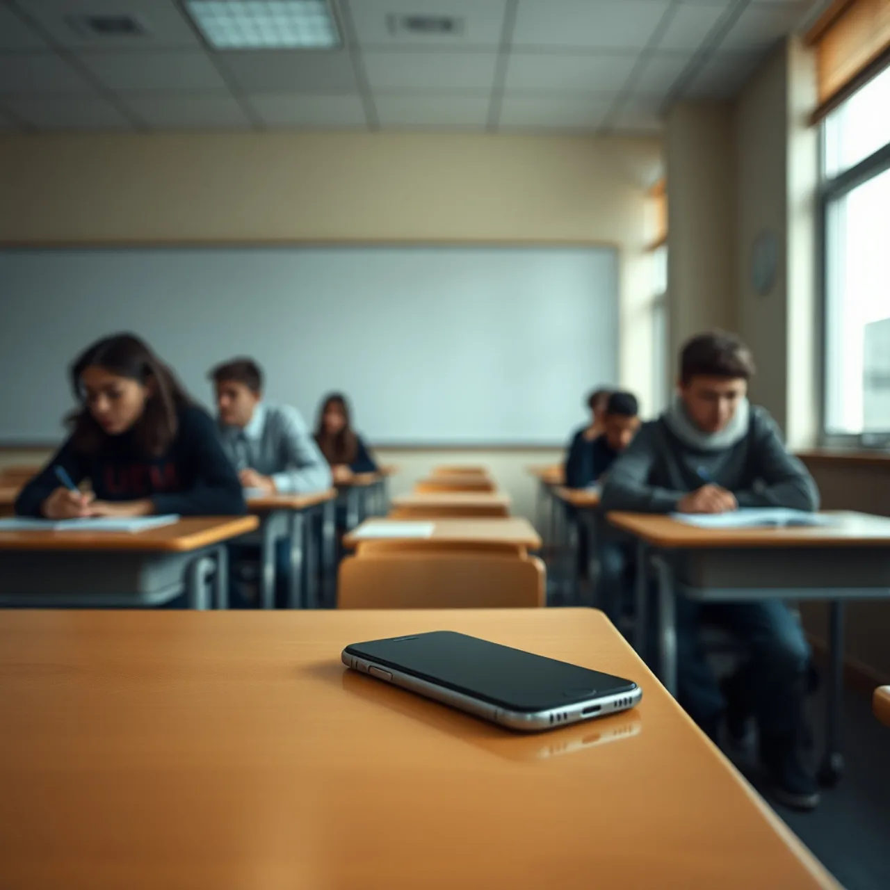 Alunos concentrados em mesas, cada um com celular fechado ao lado, enquanto a professora aponta um cartaz de “Proibido”