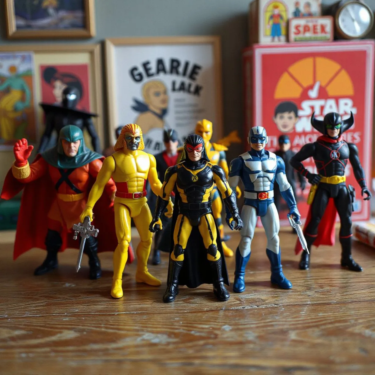 Figuras de ação dos anos 80 de Centurions, M.A.S.K., Visionaries e BraveStarr alinhadas sobre fundo neon