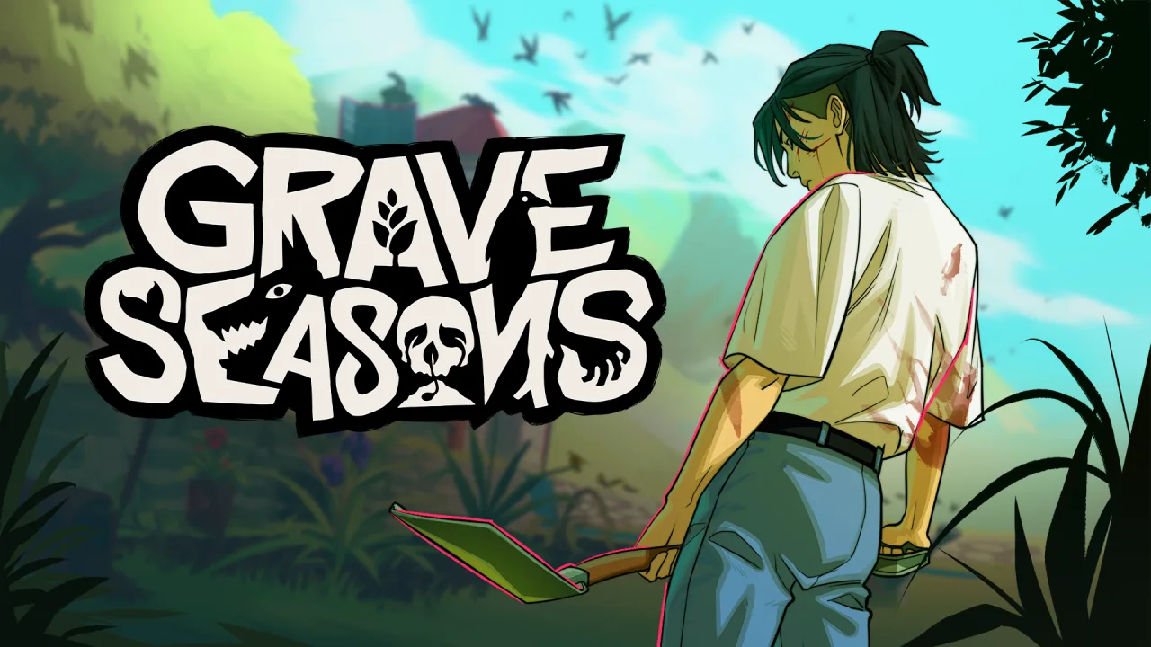 Título “Grave Seasons” sobre fazenda sombria com lua cheia, silhueta fantasmagórica e logos PS5, Xbox Series e Switch
