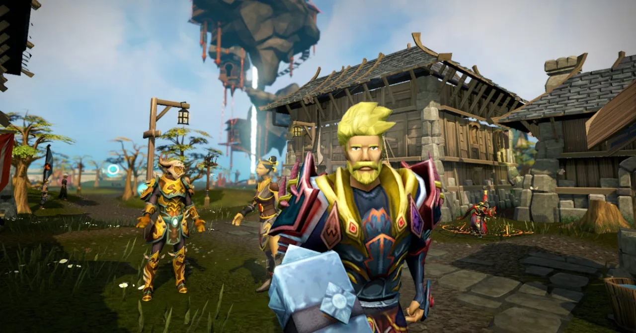 Logotipo do RuneScape ao lado de um avatar de fantasia com aura flamejante e o selo “Reignited” sobre fundo escuro