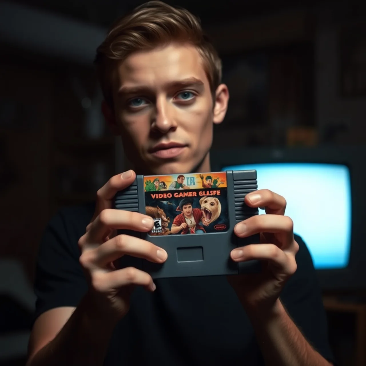 Jovem em roupa esportiva verde, segurando um controle enquanto faz agachamento ao lado de um console Switch e um pôster de Zelda