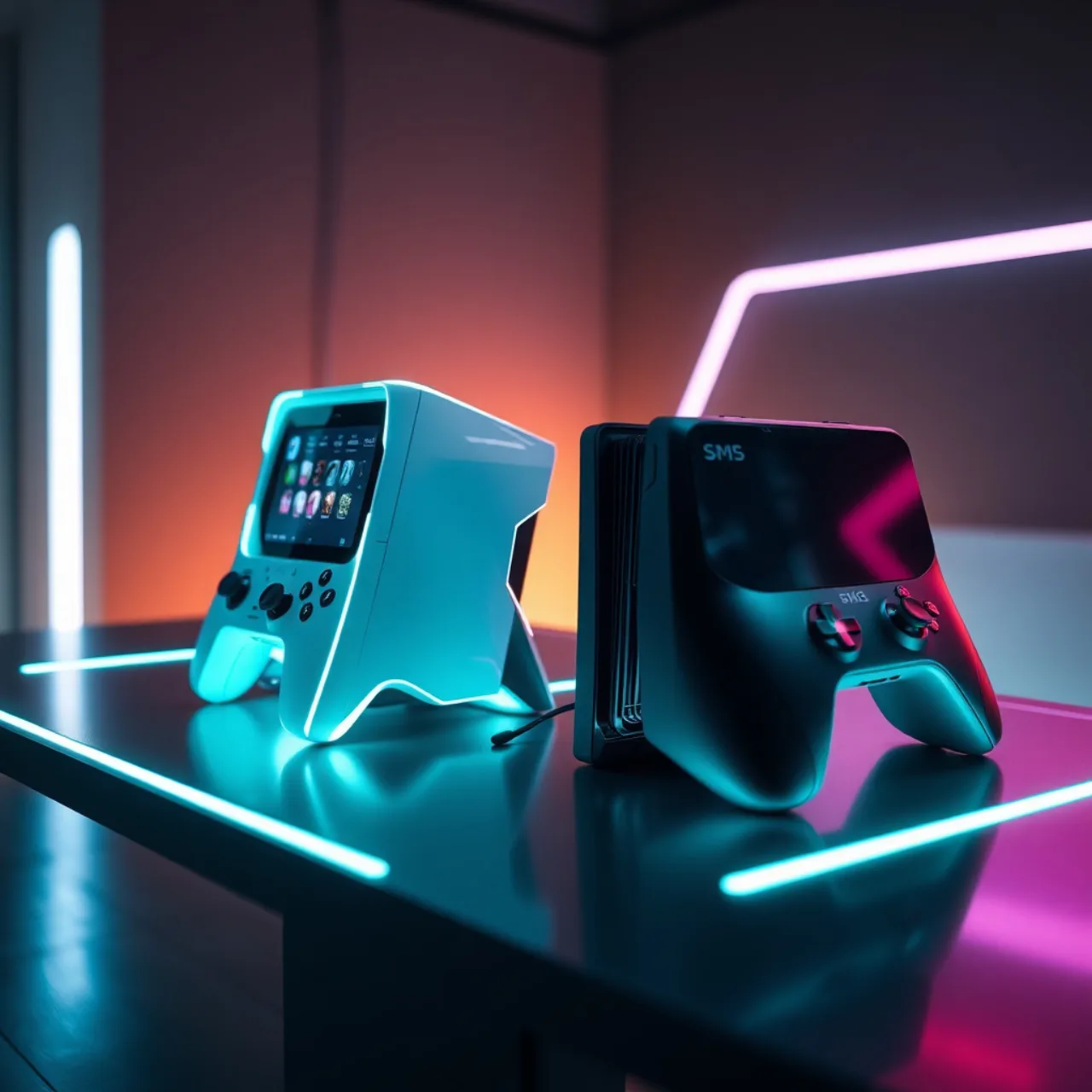 Um gamer suando, usando headset, fazendo agachamento com halteres ao lado de um Xbox Project Helix e um PS6