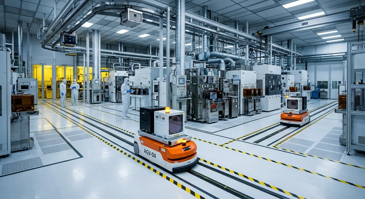 Robôs industriais manipulando placas de circuito em uma fábrica da Intel, com o logotipo da empresa ao fundo
