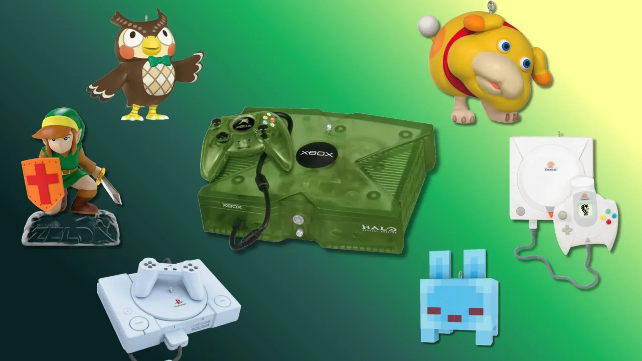 Árvore de Natal com enfeites Hallmark em forma de console PlayStation, controle Nintendo Switch e Mario