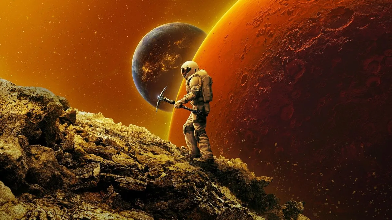 Astronauta exausto em traje espacial danificado, cercado por cabos soltos e luzes de emergência em uma base lunar