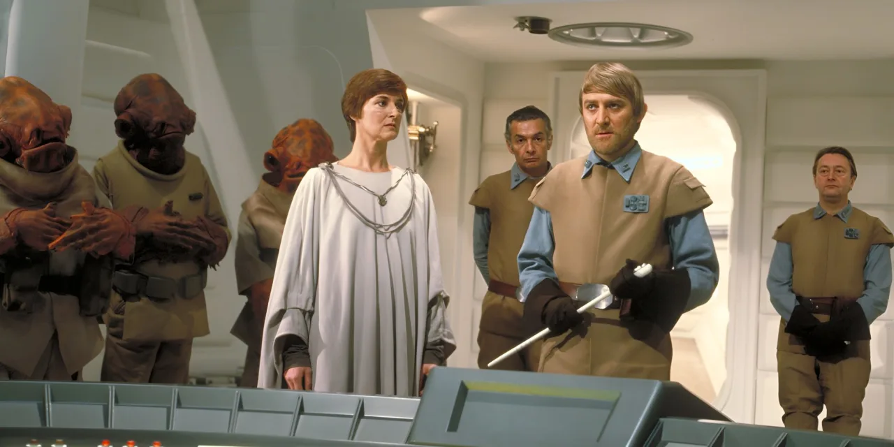 Jovem em camiseta de Star Wars faz flexão ao lado da caixa da figura Kenner de General Madine (1983)