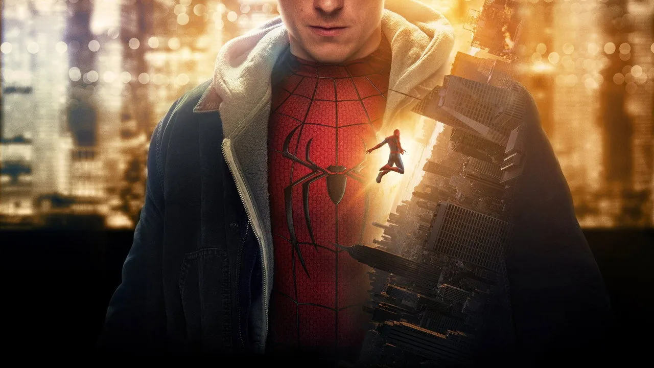 Um corredor usando camiseta vermelha com estampa de aranha, segurando garrafa de água e smartwatch, ao fundo painéis de cinema
