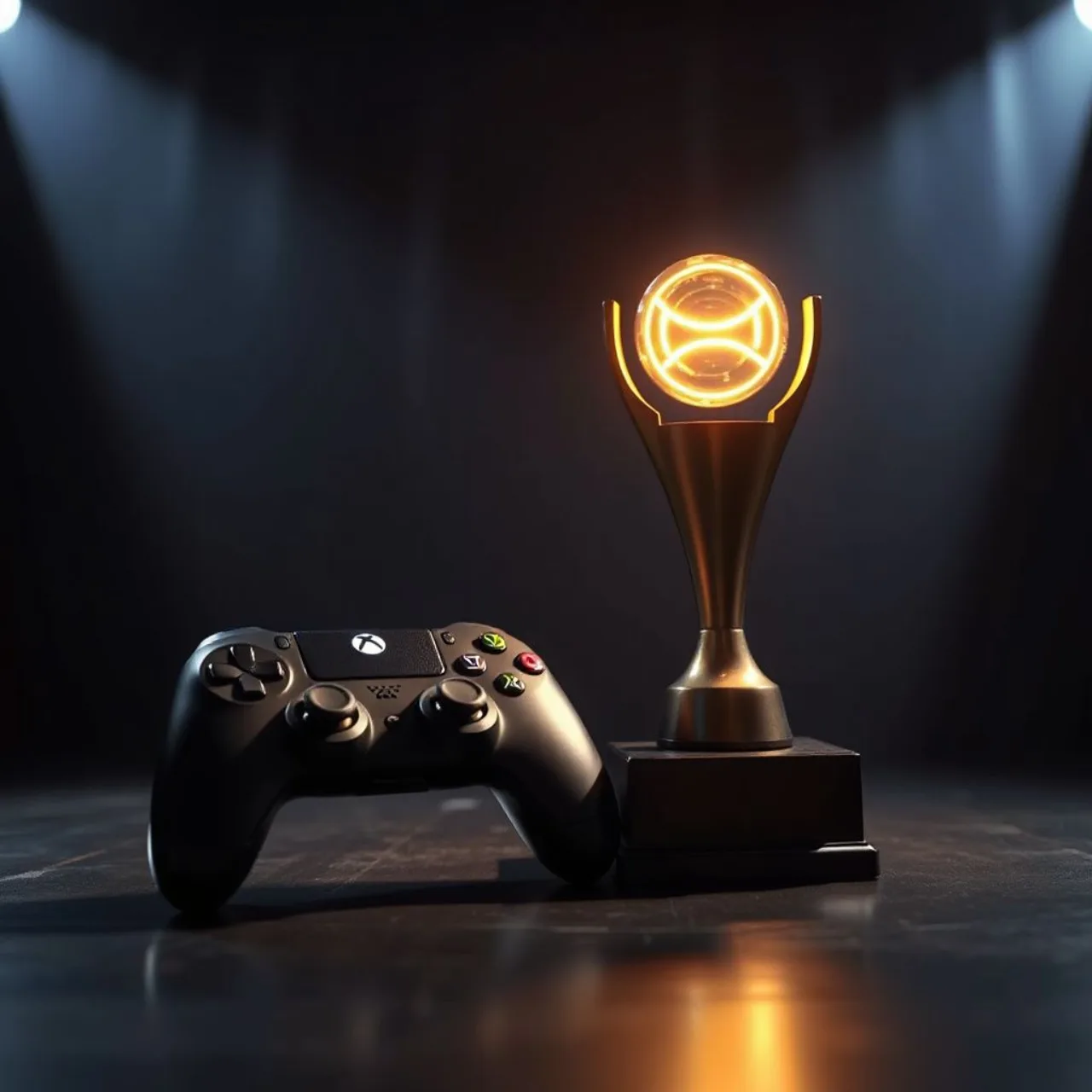 Logo de Saros ao lado de um PS5, cercado por três troféus do Music + Sound Awards 2026