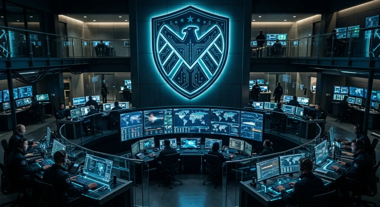 Um atleta musculoso vestindo camiseta com o símbolo da S.H.I.E.L.D., levantando halteres ao lado de um escudo dourado