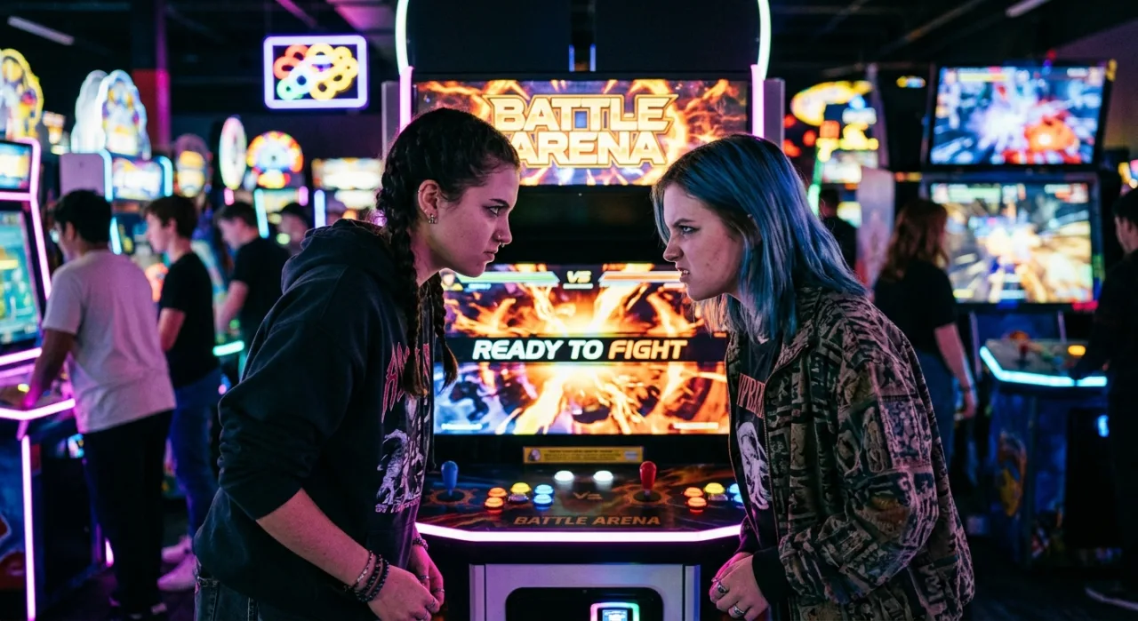 Duas jovens em leggings coloridas, fazendo agachamento com halteres ao lado de consoles de videogame