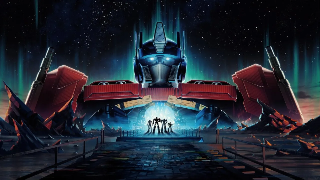 Homem em roupa de ginástica levantando halteres, ao fundo pôster de Transformers Galaxy com Optimus Prime