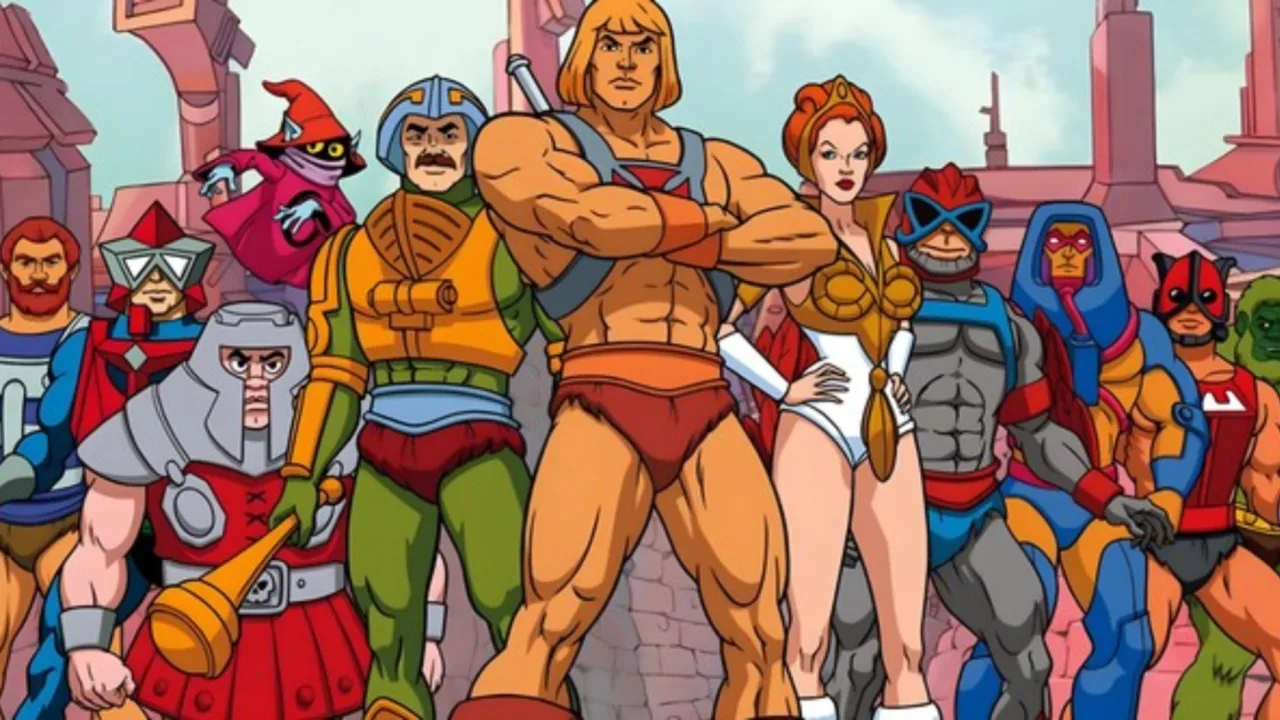 Action figure de He-Man com músculos definidos entre halteres, shake de proteína e uma maçã em cenário fitness