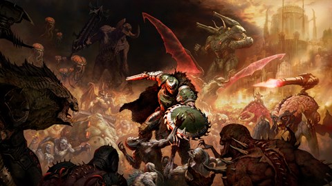 Um jogador sentado, usando fone, levantando halteres enquanto vê a tela do DOOM com selo de 50% off