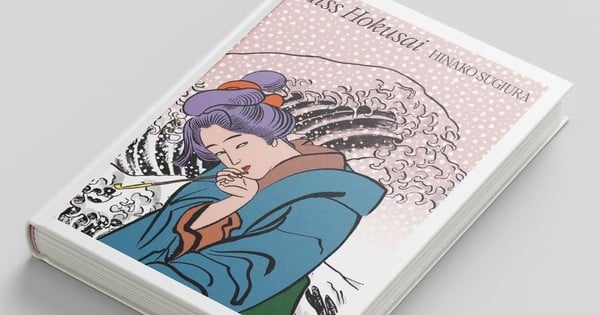 Ilustração colorida da princesa de marmelada segurando um livro ao lado da artista Hokusai com pincéis