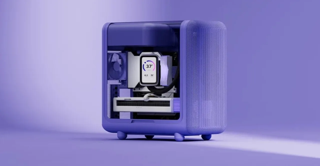 Case Hyte X50 com painel frontal em mesh, vidro temperado lateral e logo iluminado, destacando design moderno