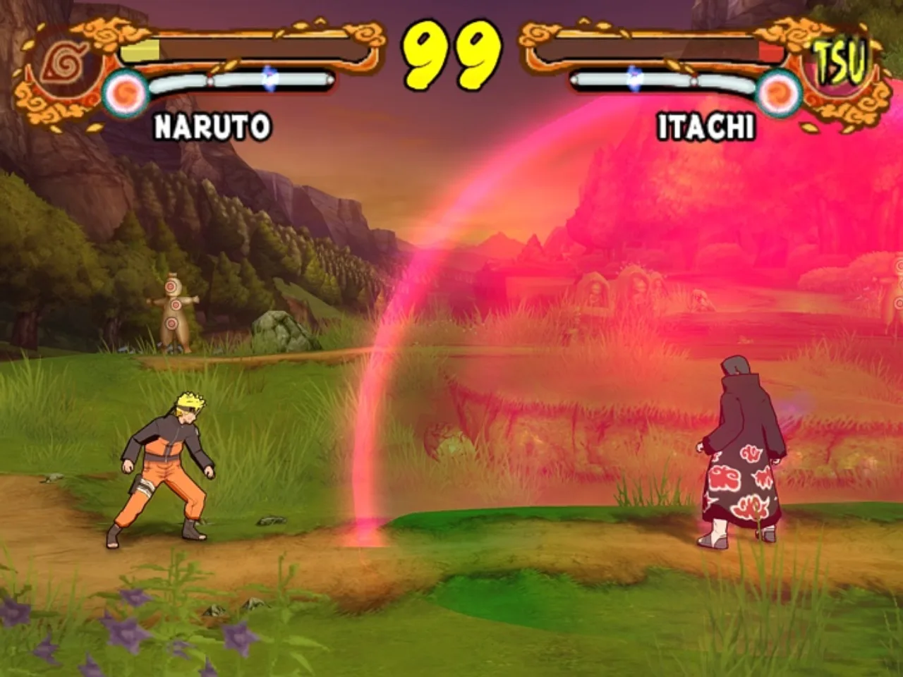 Um ninja em ação, com uma jarra de suco de manga e uma garrafa de água ao lado, em um cenário de treinamento de força