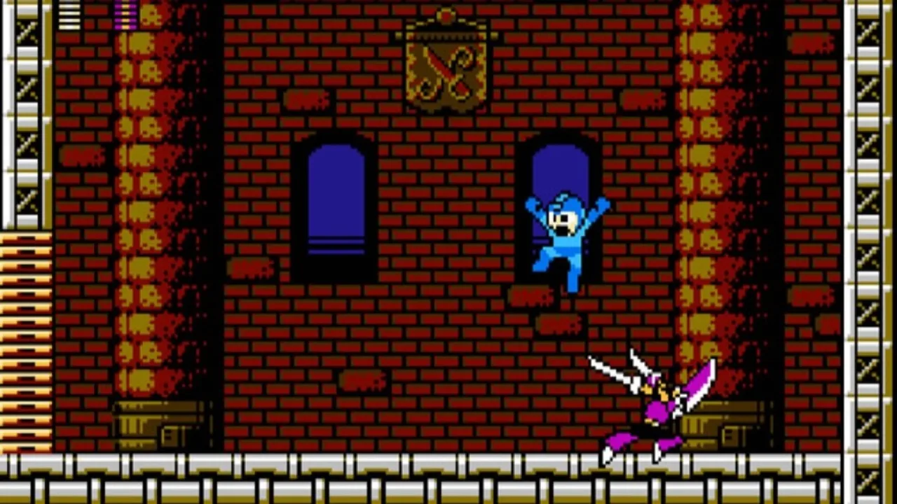 Jovem em camiseta preta faz agachamento segurando controle do Mega Man X ao lado de garrafa d’água e barra de proteína