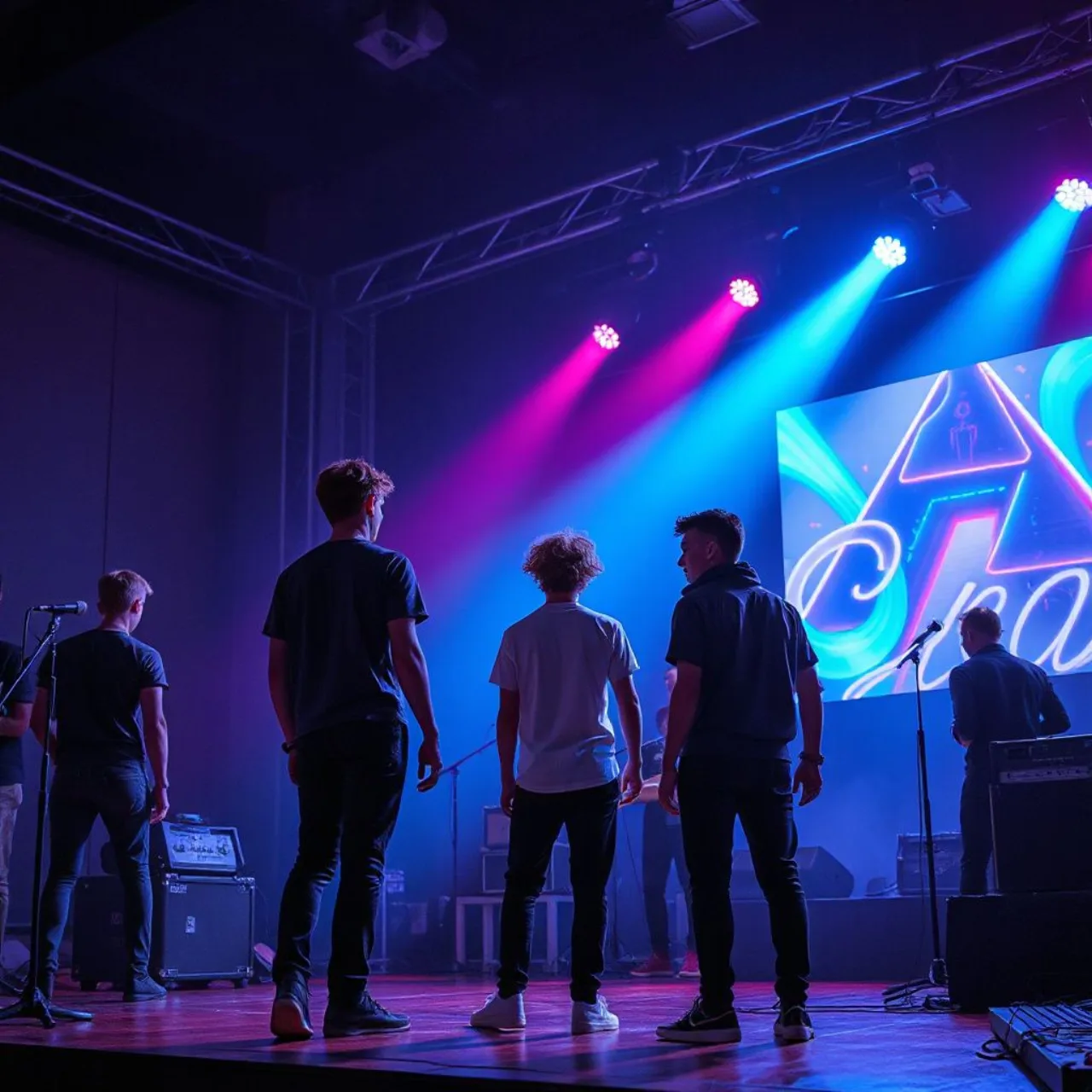 Membros de PLAVE posam ao lado da capa neon do mini‑álbum HYPERDRIVE, com a data 12/10 destacada