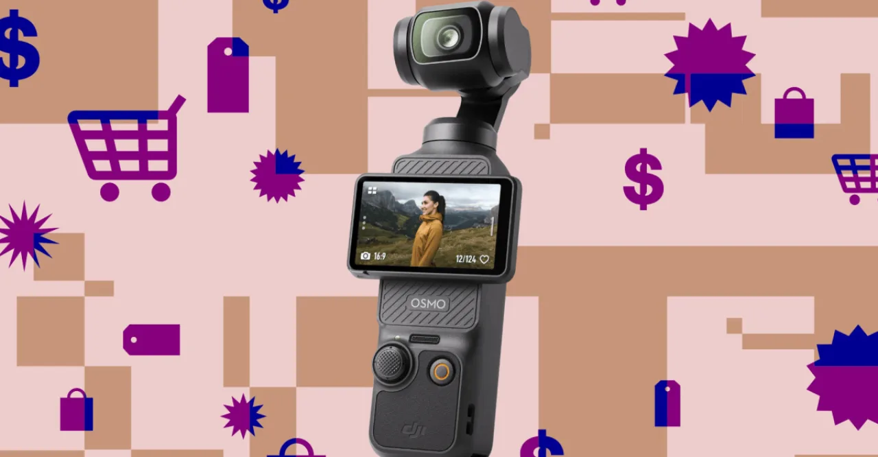 DJI Osmo Pocket 3 com gimbal de 3 eixos sobre fundo preto, ao lado do logo da DJI e da caixa do produto