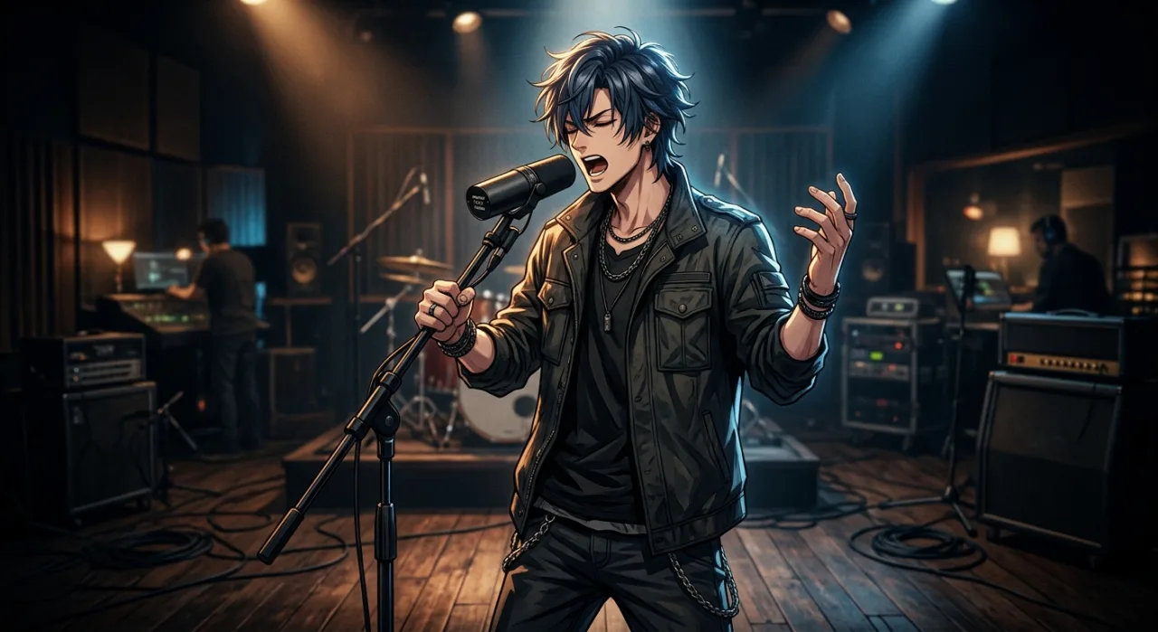 Shōya Ishige ao microfone, ao lado do logo de Wound & Bandage e da arte de Ginsuke Hatobane