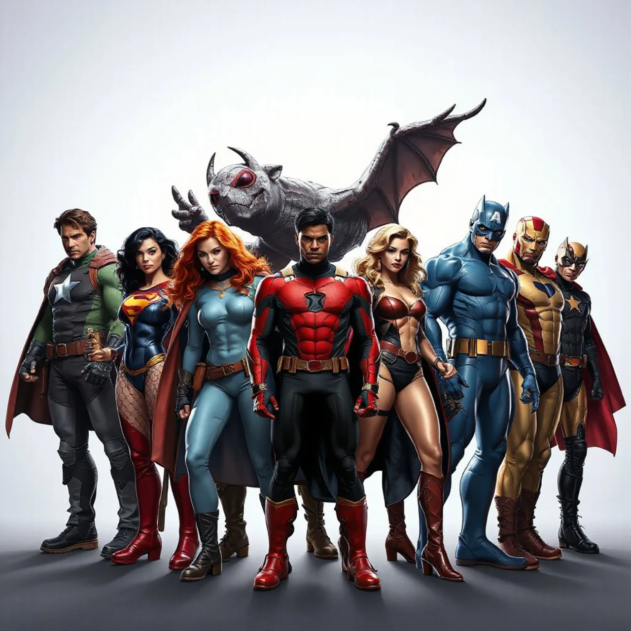 Lois Lane, Alfred, Max Mercury, Big Barda e Linda Park‑West posam ao lado do logotipo da DC Comics