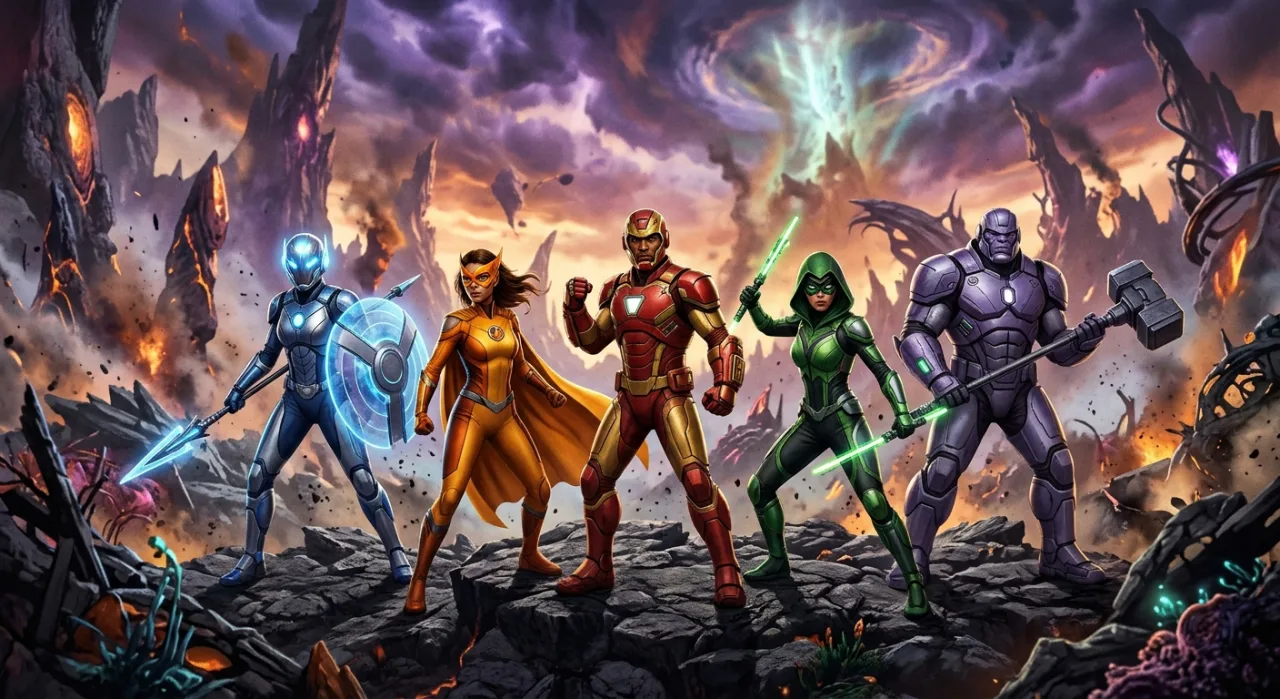 A equipe da Patrulha do Destino — Robotman, Negative Man e Crazy Jane — posam sobre fundo com o logo dos X‑Men