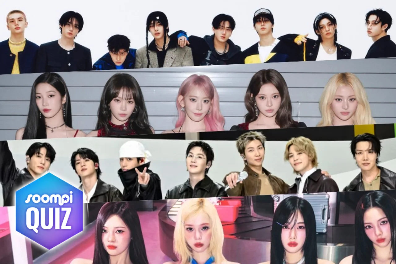 Estudante com fones, cercado por capas de álbuns de K‑pop e cadernos, ao fundo pôster de grupo idol