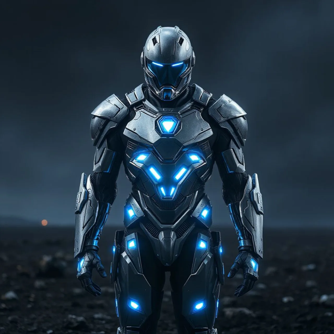 Tony Stark vestindo a armadura Extremis, ao lado da Hulkbuster, rodeado por hologramas de outros trajes avançados